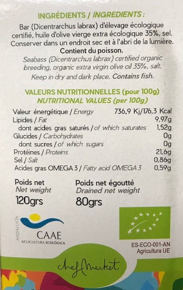 Organic Seabass Fillet in Olive Oil 120 grs Can Unit